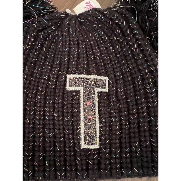 NWT Justice Girl Glitter Double Pom Pom "T" Initial Beanie- Size T - Picture 2 of 5